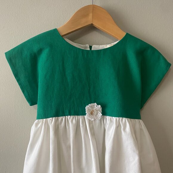 Handmade Children's Green White Linen Viscose Cotton Crochet Flower Dress - Picture 5 of 14